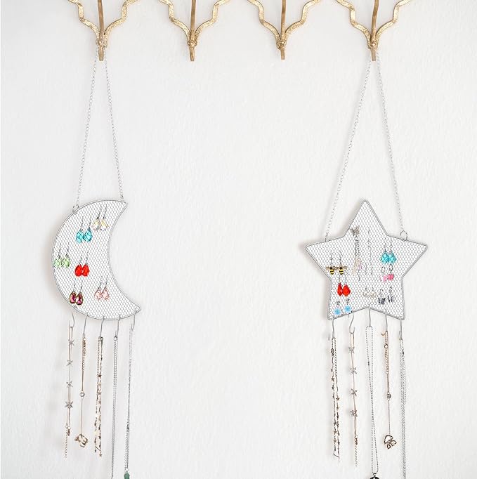 Jetec 2 Pcs Earring Wall Holder Wall Mounted Organizer Hanging Stand Decorative Diamond Grid Shape Jewelry Display Rack with Hanging Hooks for Earrings Necklace Bracelet(White)