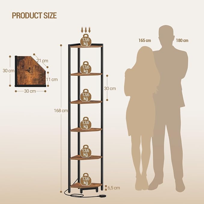 Hzuaneri Corner Shelf with LED Light 6 Tier Corner Bookshelf Standing Shelf | Tall Narrow Display Bookcase with Metal Frame for Small Space, Living Room, Home Office, Bedroom, Rustic Brown CS66601B