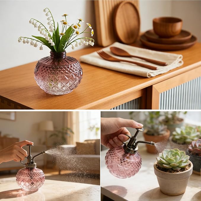 OFFIDIX Plant Mister Spray Bottle,Glass Decorative 300ML Vintage Watering Small Indoor Watering Can with Plastic Pump for Indoor Plants,Garden,Cleaning（Brown Transparent Gradient）