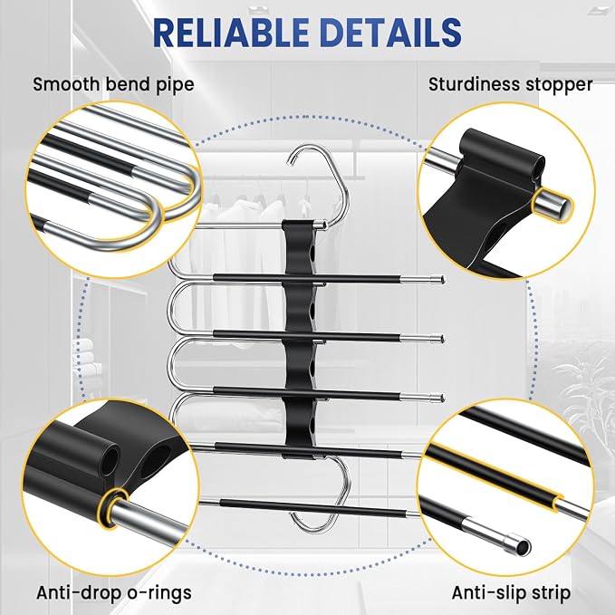 DAMITA Pants Hangers Space Saving - 2 Pack 5 in 1 Layers Stainless Steel Metal Jeans Hangers - Black Closet Organizers and Storage Anti-Slip Design for Pants Skirts Scarf Legging