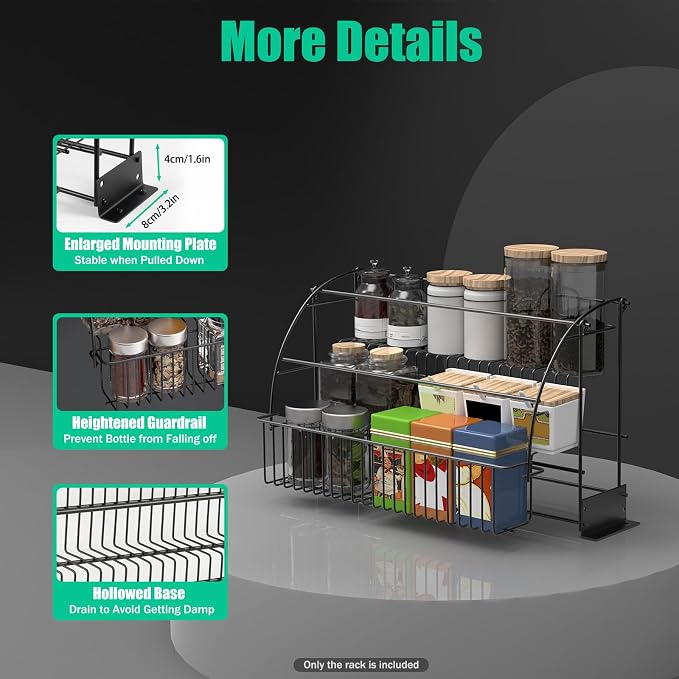 Spice Rack Organizer, 3 Tier Retractable Pull Down Cabinet Mount, Space Saving Design, Rust Resistant Heavy Duty with Railing Stopper & Mounting Screws for Kitchen Cabinet Pantry Cupboard