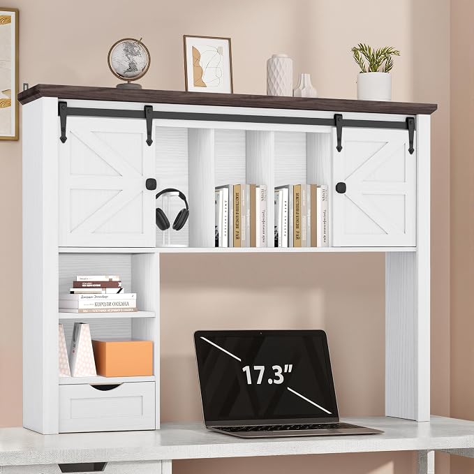 Large Desktop Bookshelf with Sliding Barn Door, 47.2''W Desk Shelf Display Rack, Desktop Organizer Storage Rack with 7 Cubbies and Drawer, Home, Desk Shelf for Office, Dorm, Vanity, White