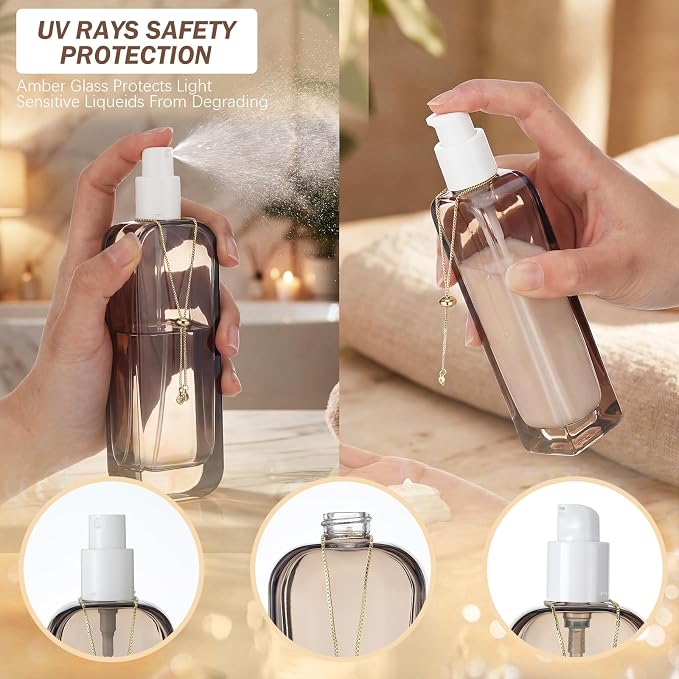 4 Pcs 4oz Luxury Glass Bottles with Pump Glass Toner Bottle with Gold Chain Perfume Spray Bottle Travel Lotion Vial with 2 Plastic Pump Head 2 Spray Head for Cosmetic Toner(Brown)
