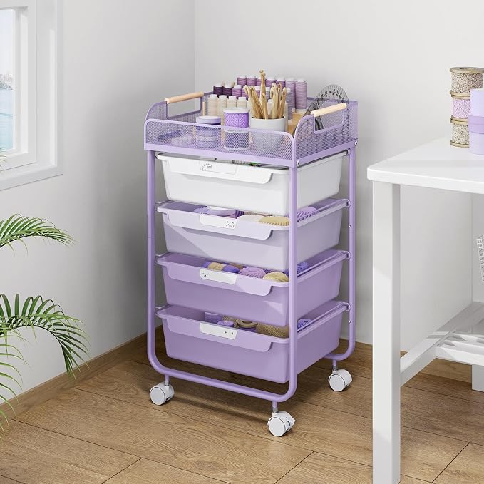 SYKIARIOL 4-Drawer Rolling Storage Cart with Mesh Top, Utility Craft Organizer Cart on Wheels with DIY Labels, Rolling Drawer Cart for Home Office Classroom Bedroom, Purple
