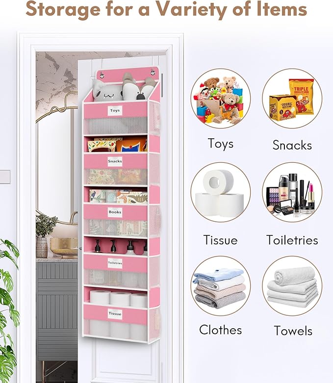 Optish Over The Door Organizer Hanging, 2 Pack 5 Shelf Behind The Doors Storage, Pantry Door Organizer, Closet Organizers for Bedroom and Nursery (Pink)