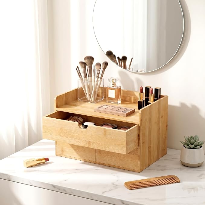 Bamboo Desk Organizer with Drawers, Desktop Storage for Office Supplies | 3 Drawers Desktop organizer, No Assembly Required, Natural Wood Wooden Desktop Drawers Box for Bills, Cosmetics, Seals, Paper