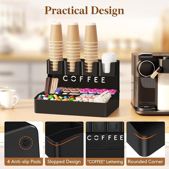 Lifewit 2-tier Coffee Station Organizer Caddy for Countertop, 11 Compartments Coffee Bar Organizers for Cups, Pods, Sugar, Compact Condiment Holders Storage for Office Breakroom Kitchen Home Black