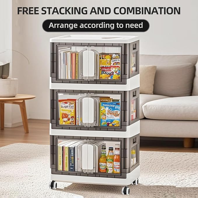 Folding Storage Organizer with Silent casters | Stackable Design for Home & Office, Heavy-Duty Plastic Storage Bin with Clear Door, 3 Sizes (19.5/23.5/27.5in),Black/White (23.6" 3 layer, White)