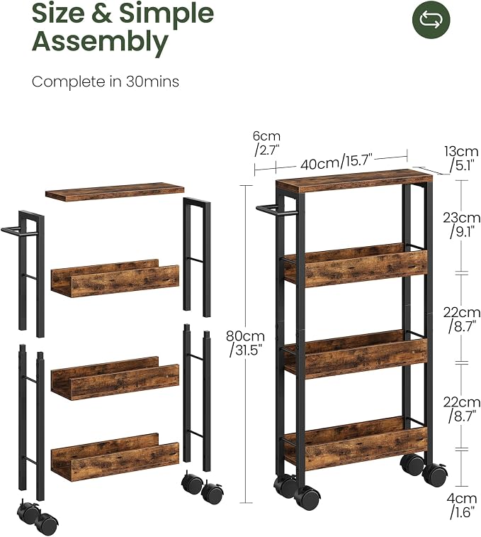 CHOEZON 4-Tier Slim Storage Cart, 5.1'' Kitchen Serving Trolley, Slim Rolling Cart with Handle and Guard Rails, Slim Cabinet for Small Spaces, for Dining Room, Rustic Brown and Black TTC01BF