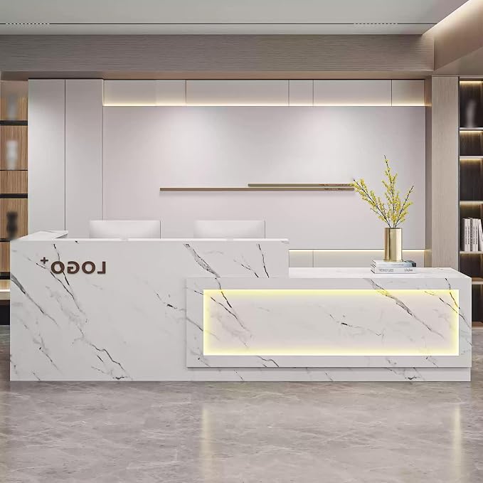 Modern Reception Desk with Counter, Front Desk Reception Counter with Lockable Drawer, Keyboard Tray & Storage Cabinet, Solid Wood Receptionist Table for Salon Office Lobby (F - Right, L 300cm/118in)