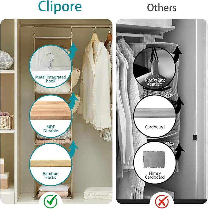 6-Shelf Hanging Closet Storage,Strong Frame Beige Closet Organizer with Side Pockets for Clothes and Accessories, Closet Organizers and Storage Solution, Send Goods from Local Warehouse