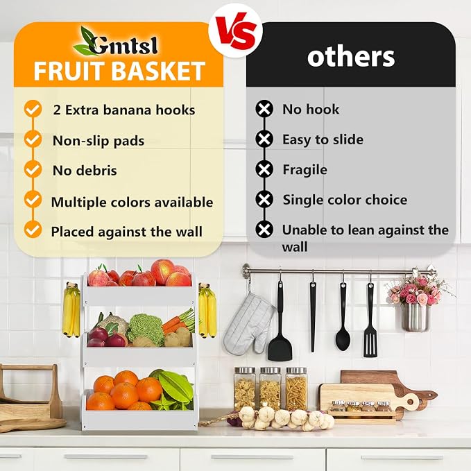Gmtsl Bamboo Fruit Basket for Kitchen, Fruit Holder for Kitchen Countertop | 3 Tier Fruit bowl for Kitchen Counter, Fruit Stand, Vegetable Basket Storage, Produce Organizer, Bread Snack Display(White)