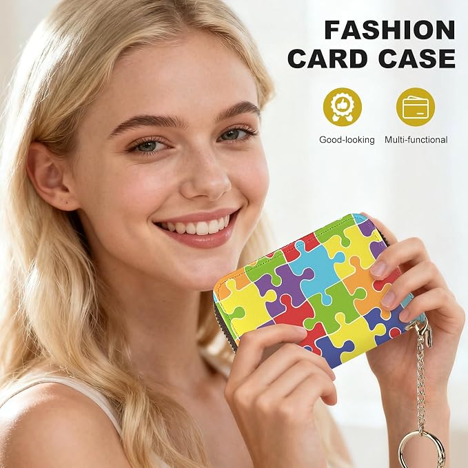 Credit Card Holder for Women,Small Rfid Wallet with Keychain Zipper,Cute PU Leather Card Case Wallet，Accordion Credit Card Wallets Gift,Puzzle C