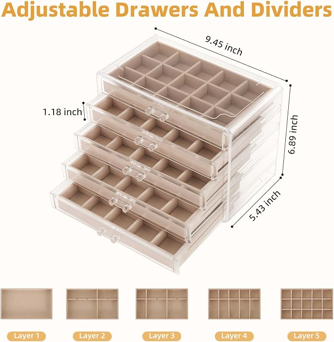 Jewelry Box Organizer,Clear Acrylic Storage Box Organizer with 5 Drawers | Adjustable Velvet Divided Trays Grid Size Design Large Jewelry Storage Box Clear Jewelry Organizer Gift for Women Girls