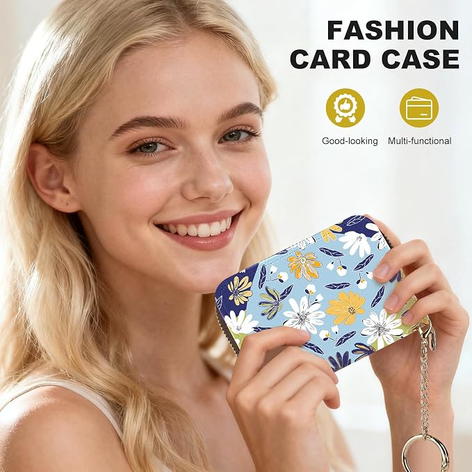 Credit Card Holder for Women,Small Rfid Wallet with Keychain Zipper,Cute PU Leather Card Case Wallet，Accordion Credit Card Wallets Gift,Yellowish-white floral print
