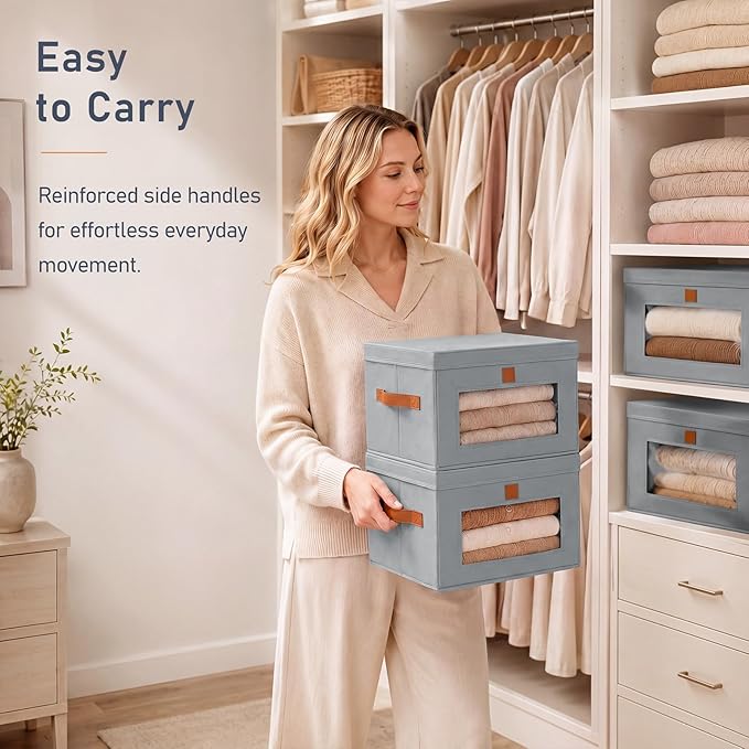 DIMJ Storage Bins with Lids - 6 Pack Front Opening Stackable Fabric Storage Boxes with Clear Window & Handles, Collapsible Closet Organizers for Clothes, Sweaters, Shelf Storage, Bedroom, Gray