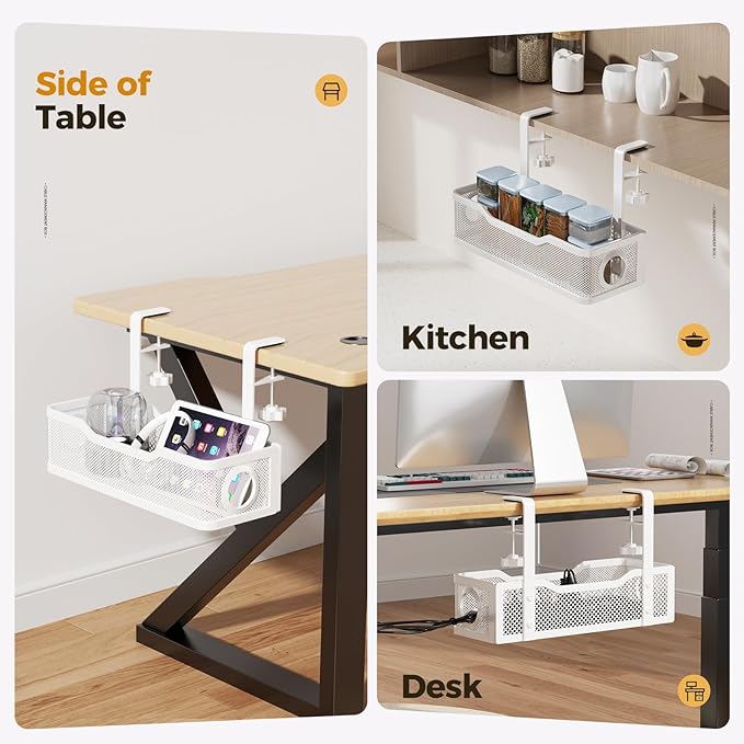 4 Pack Under Desk Cable Management Box White, Cinati 53.6" Wire Organizers No Drill, Cord Organization Tray with Clamp for Office, Home - No Damage to Desk