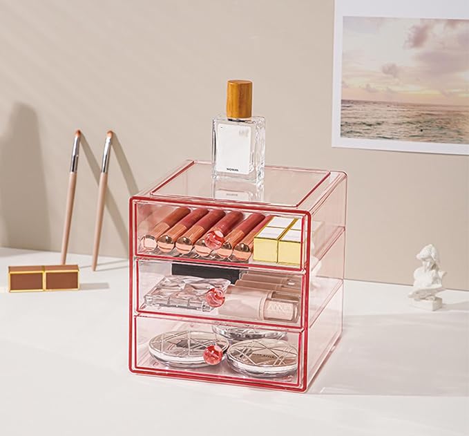 AJIODA Makeup Drawer Organizer Box with 3 Drawers, Acrylic Cosmetic Display Case Vanity Organizer Jewelry Storage Box Stackable Storage for Cosmetics, Skin Care, Bathroom, Countertop, Pink