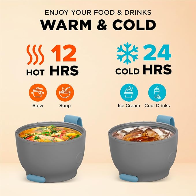 Vacuum Insulated Food Jar. Large 17oz Bowl incl. Folding Spoon, Cup. Wide Mouth Keep Hot & Cold Drinks Soup Lunch Container for Adults. BPA-Free Stainless Steel, Leak Proof Shiny Blue