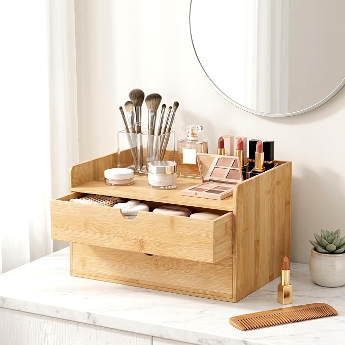 Bamboo Desk Organizer with Drawers, Desktop Storage for Office Supplies | 2 Drawers Desktop organizer, No Assembly Required, Natural Wood Wooden Desktop Drawers Box for Bills, Cosmetics, Seals, Paper