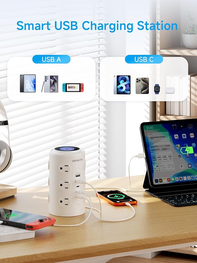 Tower Power Strip with 1 Dedicated PD 20W Fast-Charging Port, 12 Outlets, 5 USB Ports (3 USB-C), Desk Charging Station for Multiple Devices, 6FT Extension Cord, Home Office Essentials