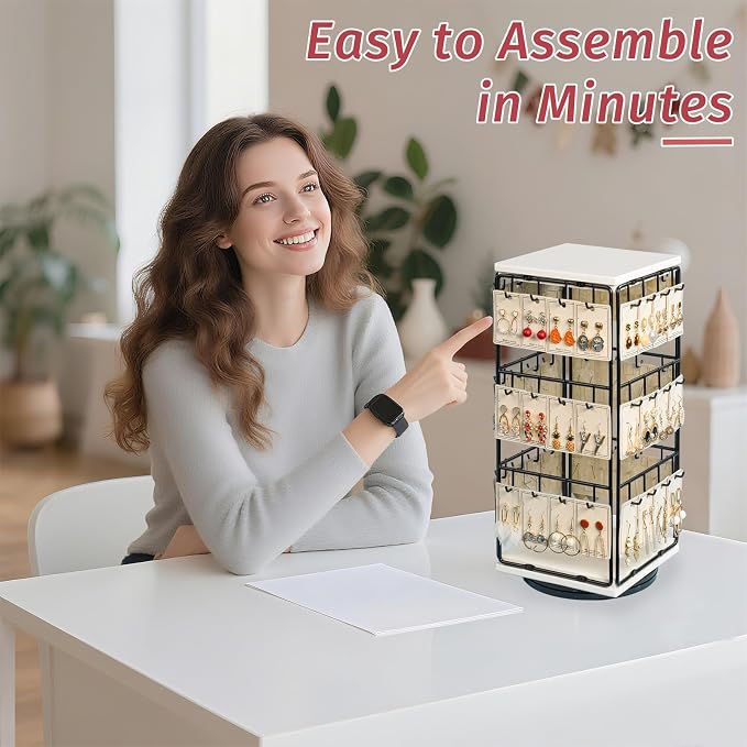 360 Rotating Earring Display Stands for Selling, Earring Rack Display Holder Stand, Jewelry Display for Vendors Selling Earring Cards, Necklaces, Bracelets, Hair Accessories (48 Hooks)