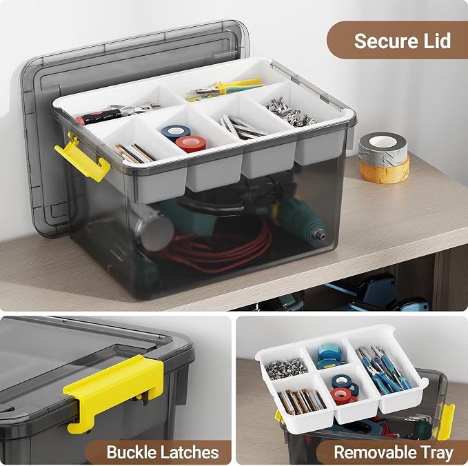 20Qt & 40Qt Stackable Storage Bins with Lids & Trays, Clear Plastic Latching Boxes Organizers with Dividers Portable Containers for Arts & Crafts,Home &Car Trunk Organization,Clear Grey,2Pack