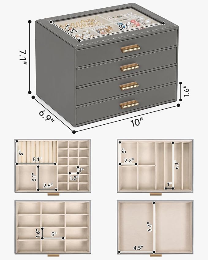 AKOZLIN Jewelry Box with Clear Lid Functional Leather Jewelry Storage Organizer Case 4 Drawers for Women Girls Necklace Ring Bracelet Earring DarkGrey