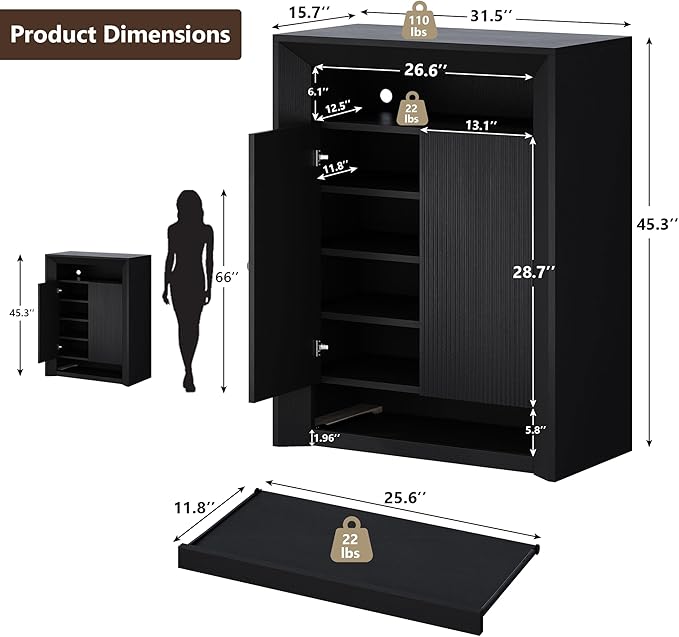 Einhomn LED Shoe Cabinet for Entryway w/App & Music Sync, Modern Shoe Storage Rack with Adjustable Shelves & Pull-Out Drawer, Entryway Shoe Organizer for Small Space, 15–25 Pairs, Black