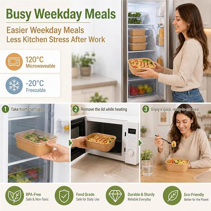 50 Pack 29oz Disposable Kraft Paper Bowls with Lids and Forks, Leak Resistant Meal Prep Containers, Microwave & Freezer Safe for Weekly Lunch Prep, Leftovers, Takeout and Party
