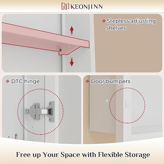 Keonjinn 16" x 24" White Medicine Cabinets for Bathroom with Mirror, Recessed or Surface Wall-Mounted Aluminum Alloy Framed Beveled Mirror, Single Door Farmhouse Bathroom Mirror with Storage Cabinet