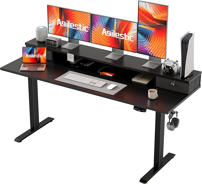 Agilestic 63 x 24 Inches Electric Standing Desk with 2 Storage Drawers, Stand Up Desk Adjustable Height, Sit and Stand Computer Table with Splice Board, White