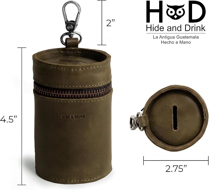 Hide & Drink, Money Box, Piggy Bank Bucket, Zippered Pouch, Cash Organizer, Coin Case, Full Grain Leather, Handmade (Dark Jade)