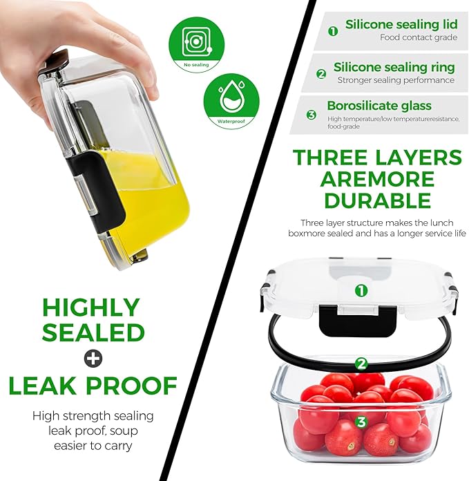 4Pack 27 oz Glass Meal Prep Containers wtih Lids | Glass lunch containers, Snap Containers, Leekproof, Microwave, Oven, Freezer and Dishwasher, BPA Free