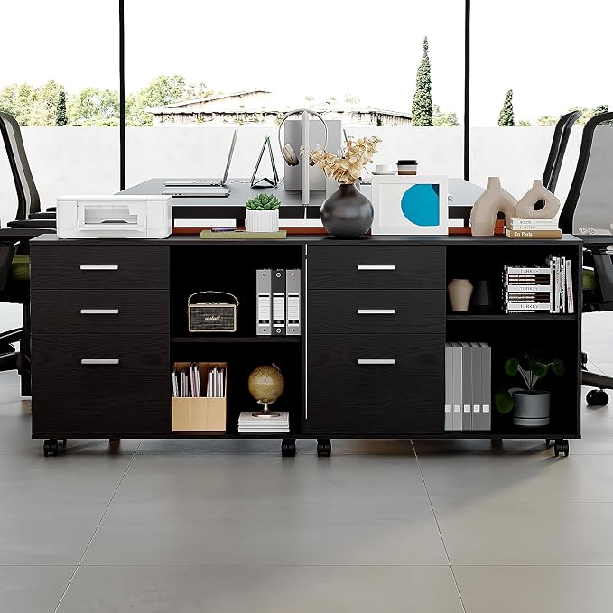 VINGLI 3 Drawer Wood Lateral File Cabinet with Adjustable Shelves & Locking Wheels, Printer Stand with Drawers for Letter Size Files, Sturdy Black File Cabinets for Home Office, Study & Business