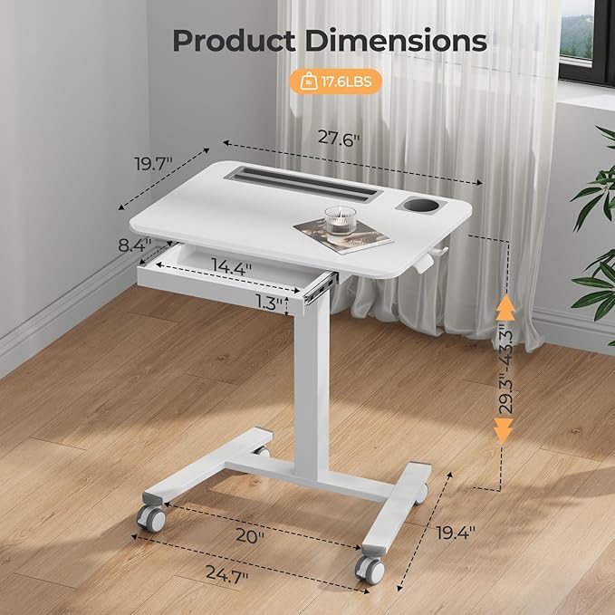 28" Mobile Standing Desk with Drawer, Portable Laptop Desk | Rolling Desk with Cup Holder & Hooks, Height Adjustable Computer Cart on Wheels for Classroom, Study Desk with Storage, White