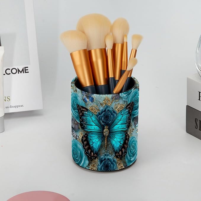Navy Blue Butterfly Pen Holder Pencil Organizer for Desk, 3.1”x3.1”x3.9” Pencil Cup Office Supplies, Large Capacity Cute Pen and Makeup Brush Holder for School, Desktop