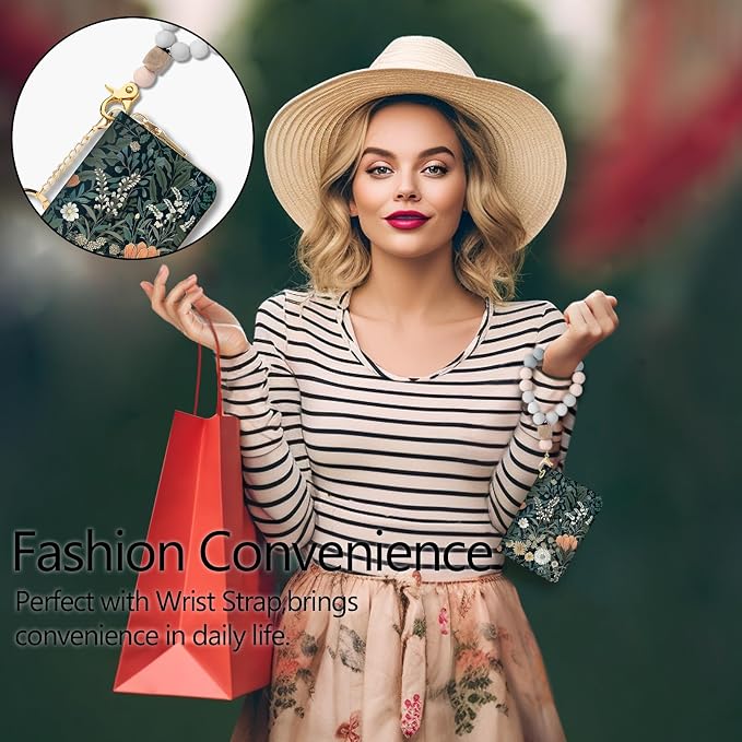 Blusabaca RFID Credit Card Holder Small Women Travel Wallet, Wildflowers | Removable Keychain, Case with Zipper, Vegan PU Leather, Cash Coin Pocket, Business Accordion Purse, Ladies Female Gift