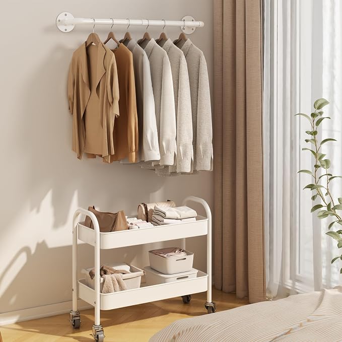 ERYTLLY Industrial Pipe Wall Mounted Clothes Rack,38 Inches Heavy Duty Detachable Garment Rack,Multi-purpose Hanging Rod for Closet,Set of 2,White