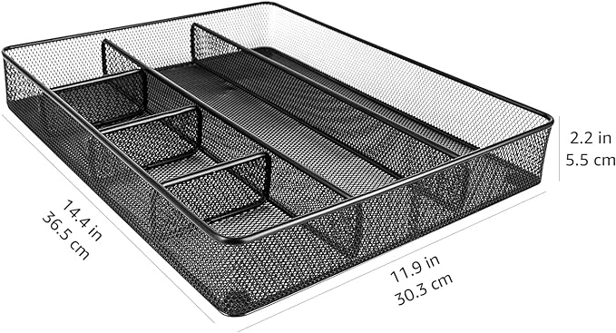 Amazon Basics Metal Mesh Desk Organizer with 6 Compartments, Anti-Slip Pen Holder Storage Tray for Office Supplies and Home, Black