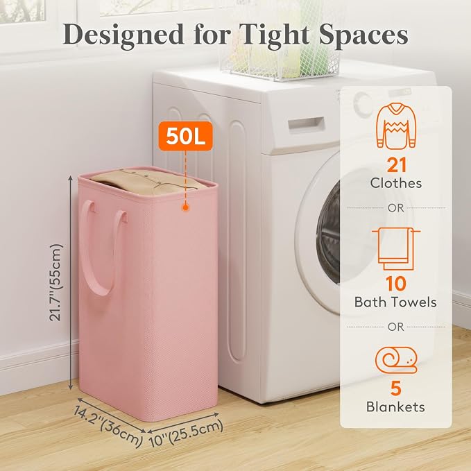 Lifewit Slim Laundry Hamper, Narrow Small Laundry Basket with Handle for Dirty Clothes, Collapsible Tall Thin Laundry Bin for Bathroom Bedroom Dorm College, 50L, Pink