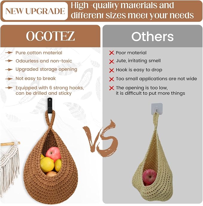 Boho Decor Hanging Fruit Baskets for Kitchen - 3 Pack Wall Hanging Basket with 6 Pcs Strong Hooks, Handwoven Hanging Holder Teardrop Produce Basket for Fruits Vegetable Potato Onion Storage (Linen)