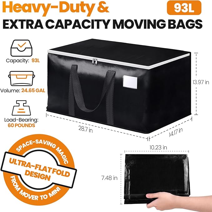 StoreHappily Heavy-Duty & Extra Capacity Moving Bags with Backpack Straps, Storage Totes with Double Zipper & Strong Handles, Packing Bags Alternative to Moving Boxes, Moving Supplies (4 Pack, Black)