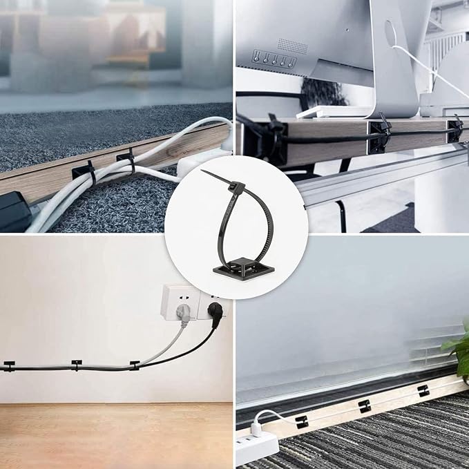 100 Set Cable Zip Tie Self Adhesive Mounts Kit with 6" Zip Ties, 3/4" Wire Holders Squares, Screws - Sticky Wire Fasteners Cable Clips Management Anchors Organizer - Black