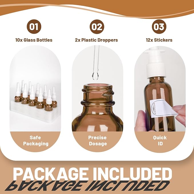 1 oz Empty Amber Glass Nasal Spray Bottles 10 Pack Leakproof & Durable | UV Protection Fine Mist Atomizers – for Saline, Essential Oils, Sinus Relief, Allergy Care, Travel, Includes Dropper & Labels