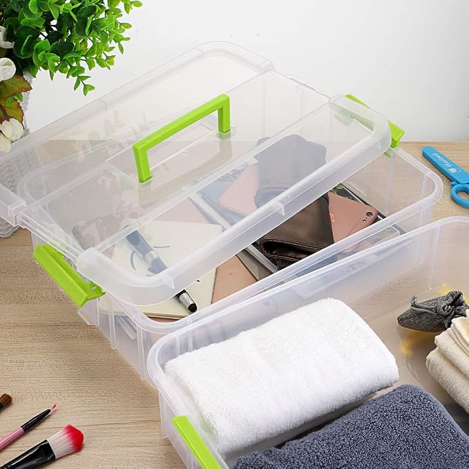 BTSKY 2 Layer Stack & Carry Box, Plastic Multipurpose Portable Storage Container Box Handled Organizer Storage Box for Organizing Stationery, Sewing, Art Craft, Jewelry and Beauty Supplies Green