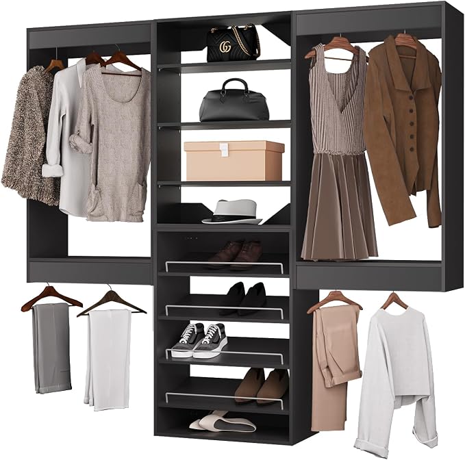 ROOMTEC Modular Closet System, 96" Wall Mounted Closet Organizer with Hanging Rods and Shoe Shelf, Wooden Tower for Walk-In Closets, Wardrobe Storage Kit, Black