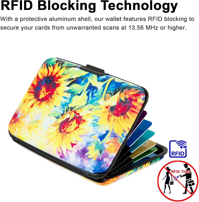 Credit Card Holder for Women Men RFID Blocking Wallet Small Business Metal Slim Mini Aluminum Hard Case (Yellow SunFlowers Painting)