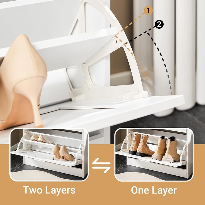 Hestiamo Entryway Flip Drawer Shoe Storage Cabinet, Narrow Size, White | 2-Tier Flip Drawer Shoe Cabinet With Dividers, Slim Freestanding Shoe Rack For Small Entryways, HUS-FSR137