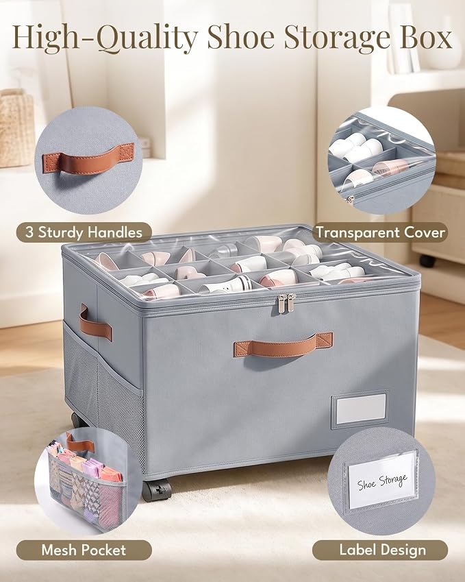 Shoe Organizer for Closet with Wheels - 2 Pack Shoe Storage Box Bin Cubes | Detachable Wheels | Fits 32 Pairs | Adjustable Dividers | Side Pockets | Clear Cover | Foldable | Stackable | Label Holder